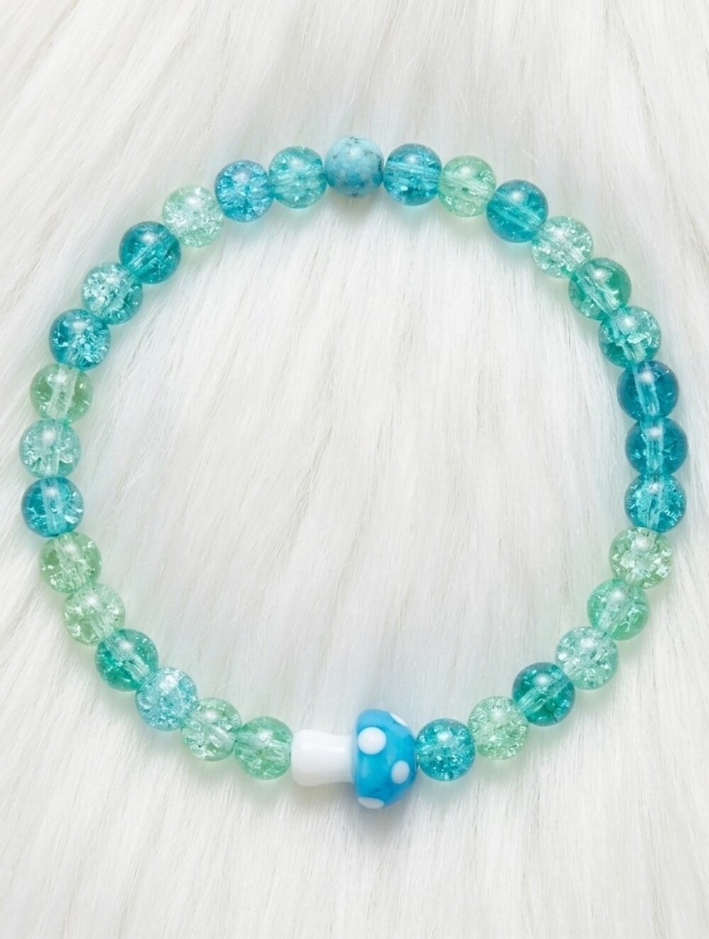 Beaded Stretch Bracelet with Blue Mushroom Charm - Blue & Green